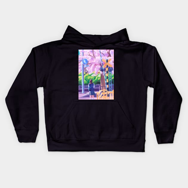 Japanese cherry blossom anime girl aesthetic street Kids Hoodie by craftsanime